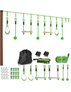AIYAPLAY 7-Piece Kids Zip Line Kit for Garden, 10m Kids Slackline Kit with Wooden Monkey Bars, Metal Rings, Gripping Balls, Gree