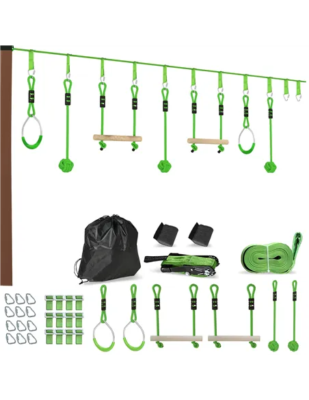 AIYAPLAY 7-Piece Kids Zip Line Kit for Garden, 10m Kids Slackline Kit with Wooden Monkey Bars, Metal Rings, Gripping Balls, Gree