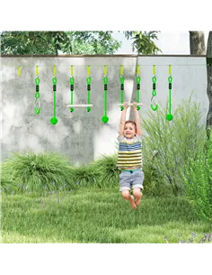 AIYAPLAY 7-Piece Kids Zip Line Kit for Garden, 10m Kids Slackline Kit with Wooden Monkey Bars, Metal Rings, Gripping Balls, Gree 2