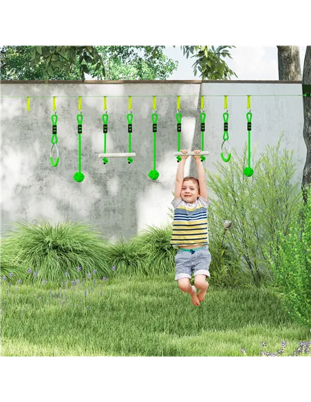 AIYAPLAY 7-Piece Kids Zip Line Kit for Garden, 10m Kids Slackline Kit with Wooden Monkey Bars, Metal Rings, Gripping Balls, Gree