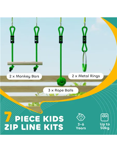 AIYAPLAY 7-Piece Kids Zip Line Kit for Garden, 10m Kids Slackline Kit with Wooden Monkey Bars, Metal Rings, Gripping Balls, Gree