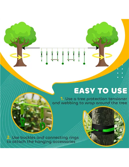 AIYAPLAY 7-Piece Kids Zip Line Kit for Garden, 10m Kids Slackline Kit with Wooden Monkey Bars, Metal Rings, Gripping Balls, Gree