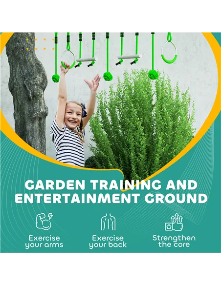 AIYAPLAY 7-Piece Kids Zip Line Kit for Garden, 10m Kids Slackline Kit with Wooden Monkey Bars, Metal Rings, Gripping Balls, Gree