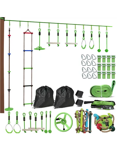 AIYAPLAY Obstacle course for Kids, with 10-Piece Slackline Kit with Monkey Bars, Gym Rings, Rope Ladder, Nest Swing, Hanging Tra