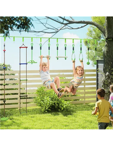 AIYAPLAY Obstacle course for Kids, with 10-Piece Slackline Kit with Monkey Bars, Gym Rings, Rope Ladder, Nest Swing, Hanging Tra