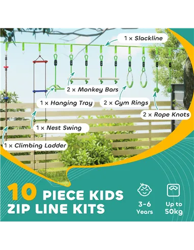 AIYAPLAY Obstacle course for Kids, with 10-Piece Slackline Kit with Monkey Bars, Gym Rings, Rope Ladder, Nest Swing, Hanging Tra