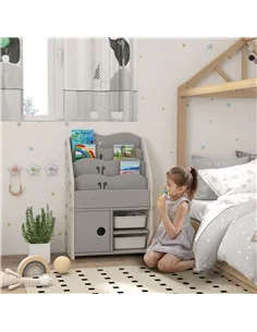 AIYAPLAY Kids Storage Units with 2 Storage Boxes, 4 Tier Bookshelf, Cabinet, 67 x 29 x 98cm Light Grey 2