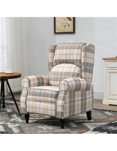 HOMCOM Wingback Recliner Armchair for Living Room, Pushback Reclining Chair with Round Armrests, Footrest and Rubber Wood Legs, 