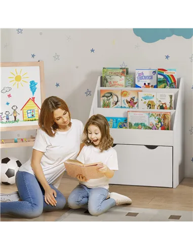 AIYAPLAY Bookcase for Kids with Shelves, Drawer, Bookcase for Bedroom, Playroom, White
