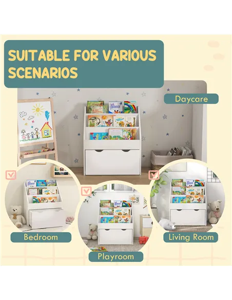 AIYAPLAY Bookcase for Kids with Shelves, Drawer, Bookcase for Bedroom, Playroom, White