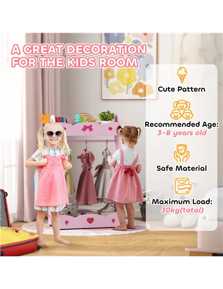 AIYAPLAY Kids Clothes Rail with Two Shelves, for 3-8 Years, Pink