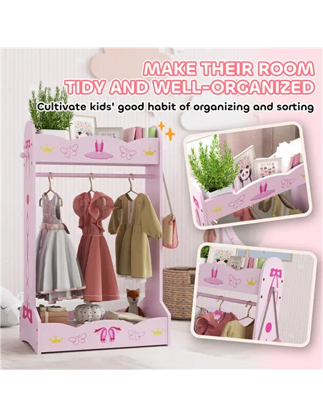 AIYAPLAY Kids Clothes Rail with Two Shelves, for 3-8 Years, Pink