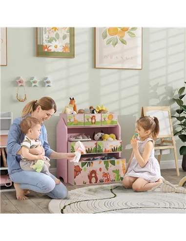 AIYAPLAY 3-Tier Kids Toy Storage Unit with 6 Removable Storage Boxes, for Playroom, Bedroom, Children's Room, Nursery, Pink