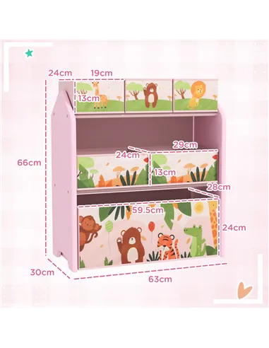 AIYAPLAY 3-Tier Kids Toy Storage Unit with 6 Removable Storage Boxes, for Playroom, Bedroom, Children's Room, Nursery, Pink