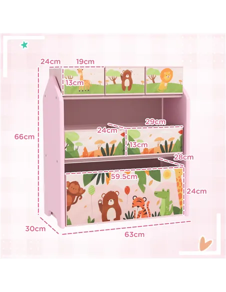 AIYAPLAY 3-Tier Kids Toy Storage Unit with 6 Removable Storage Boxes, for Playroom, Bedroom, Children's Room, Nursery, Pink