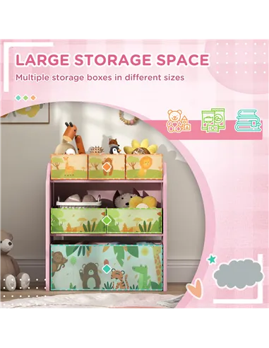 AIYAPLAY 3-Tier Kids Toy Storage Unit with 6 Removable Storage Boxes, for Playroom, Bedroom, Children's Room, Nursery, Pink