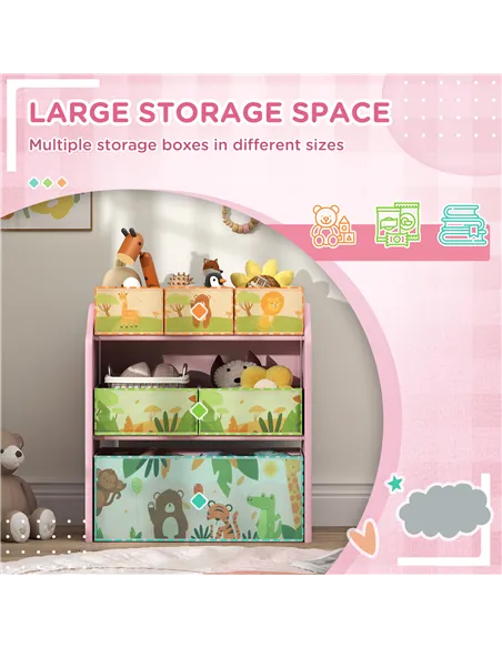 AIYAPLAY 3-Tier Kids Toy Storage Unit with 6 Removable Storage Boxes, for Playroom, Bedroom, Children's Room, Nursery, Pink