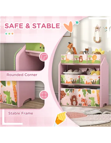 AIYAPLAY 3-Tier Kids Toy Storage Unit with 6 Removable Storage Boxes, for Playroom, Bedroom, Children's Room, Nursery, Pink