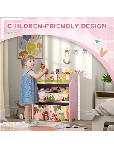 AIYAPLAY 3-Tier Kids Toy Storage Unit with 6 Removable Storage Boxes, for Playroom, Bedroom, Children's Room, Nursery, Pink