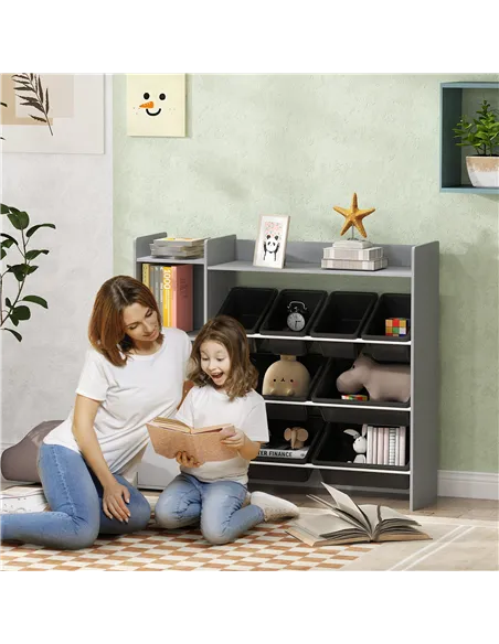AIYAPLAY Toy Storage Unit with 8 Removable Bins, Storage Shelves, Cabinet, Grey