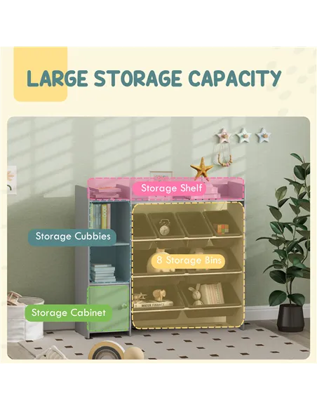 AIYAPLAY Toy Storage Unit with 8 Removable Bins, Storage Shelves, Cabinet, Grey