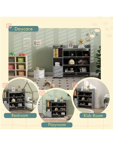 AIYAPLAY Toy Storage Unit with 8 Removable Bins, Storage Shelves, Cabinet, Grey
