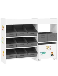 AIYAPLAY Kids Toy Storage Unit with 11 Bins, Cabinet, Top Shelves, 3 Stickers, for Nursery, Playroom, White