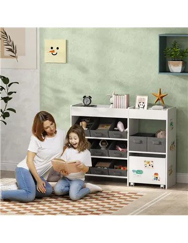 AIYAPLAY Kids Toy Storage Unit with 11 Bins, Cabinet, Top Shelves, 3 Stickers, for Nursery, Playroom, White