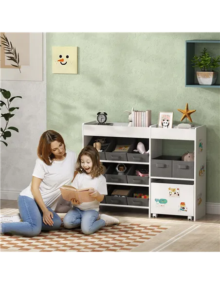 AIYAPLAY Kids Toy Storage Unit with 11 Bins, Cabinet, Top Shelves, 3 Stickers, for Nursery, Playroom, White
