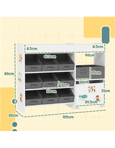 AIYAPLAY Kids Toy Storage Unit with 11 Bins, Cabinet, Top Shelves, 3 Stickers, for Nursery, Playroom, White