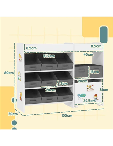 AIYAPLAY Kids Toy Storage Unit with 11 Bins, Cabinet, Top Shelves, 3 Stickers, for Nursery, Playroom, White