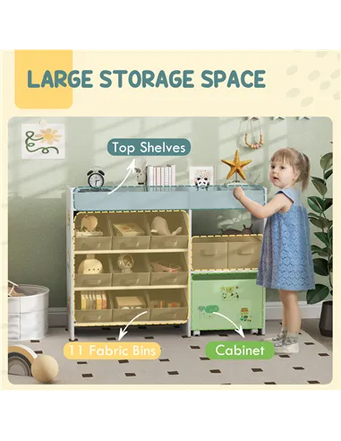 AIYAPLAY Kids Toy Storage Unit with 11 Bins, Cabinet, Top Shelves, 3 Stickers, for Nursery, Playroom, White
