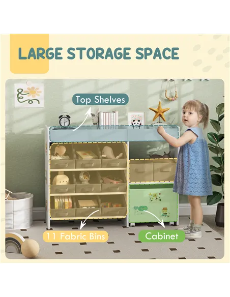 AIYAPLAY Kids Toy Storage Unit with 11 Bins, Cabinet, Top Shelves, 3 Stickers, for Nursery, Playroom, White