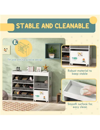 AIYAPLAY Kids Toy Storage Unit with 11 Bins, Cabinet, Top Shelves, 3 Stickers, for Nursery, Playroom, White