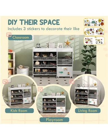 AIYAPLAY Kids Toy Storage Unit with 11 Bins, Cabinet, Top Shelves, 3 Stickers, for Nursery, Playroom, White