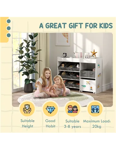 AIYAPLAY Kids Toy Storage Unit with 11 Bins, Cabinet, Top Shelves, 3 Stickers, for Nursery, Playroom, White