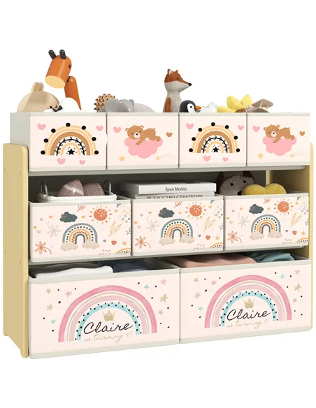 AIYAPLAY 3-Tier Kids Storage Unit with 9 Non-Woven Fabric Boxes for Toys, Books, for Bedroom, Nursery, Yellow