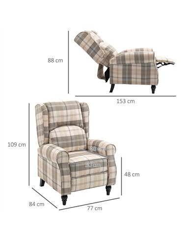 HOMCOM Wingback Recliner Armchair for Living Room, Pushback Reclining Chair with Round Armrests, Footrest and Rubber Wood Legs, 