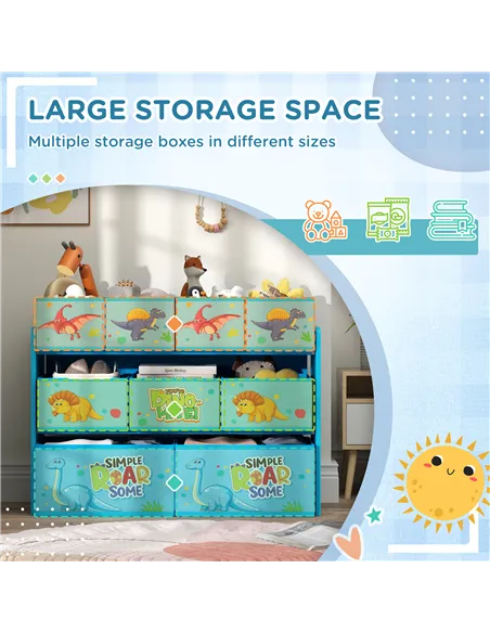 AIYAPLAY 3-Tier Kids Storage Unit with 9 Non-Woven Fabric Boxes for Toys, Books, for Bedroom, Nursery, Blue