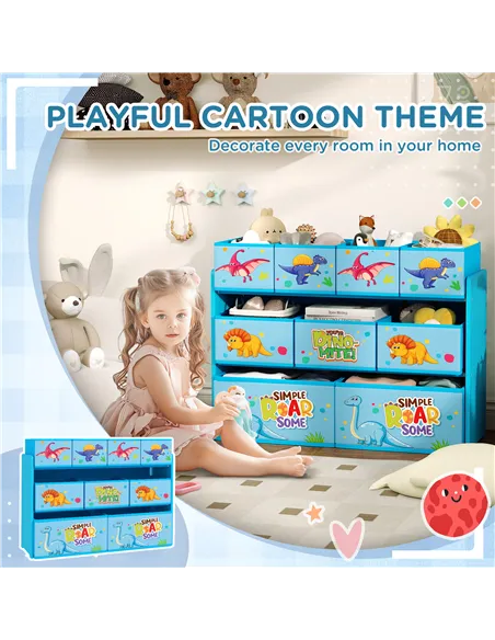 AIYAPLAY 3-Tier Kids Storage Unit with 9 Non-Woven Fabric Boxes for Toys, Books, for Bedroom, Nursery, Blue