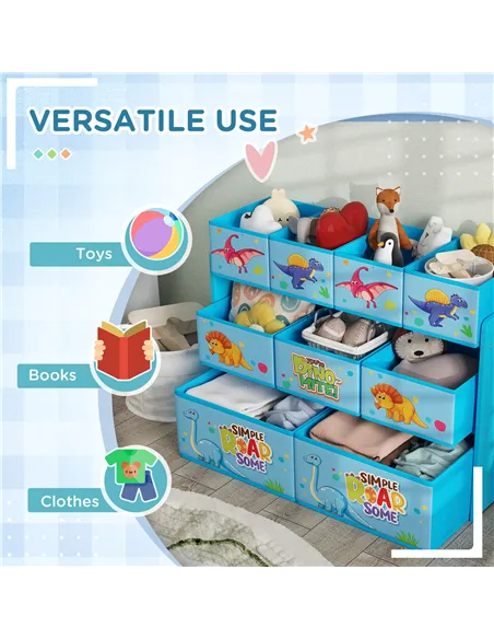 AIYAPLAY 3-Tier Kids Storage Unit with 9 Non-Woven Fabric Boxes for Toys, Books, for Bedroom, Nursery, Blue