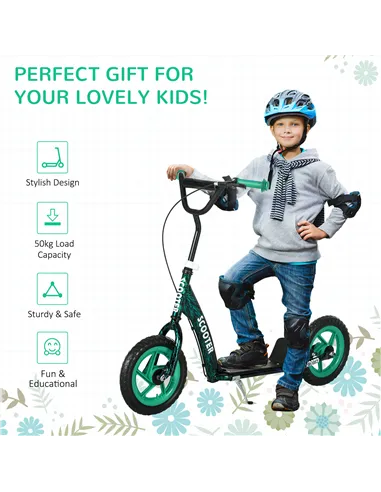 AIYAPLAY Kids Scooter with Adjustable Handlebar, Children's Kick Scooter with Non-slip Footplate, Rear Brake, Kickstand, Green