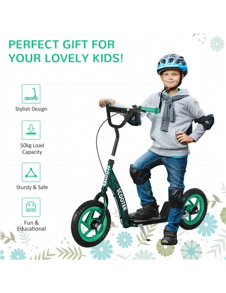 AIYAPLAY Kids Scooter with Adjustable Handlebar, Children's Kick Scooter with Non-slip Footplate, Rear Brake, Kickstand, Green