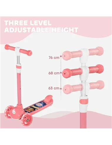 AIYAPLAY Kids 3 Wheel Scooter for 2-6 Years Old w/ Adjustable Height, LED Light, TPE Handlebar, Pink