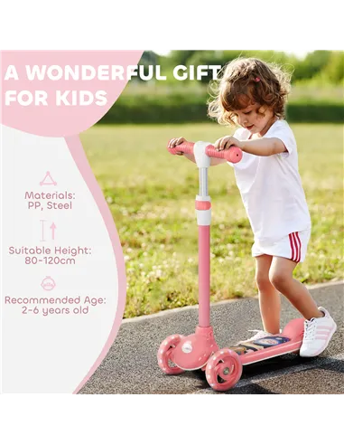 AIYAPLAY Kids 3 Wheel Scooter for 2-6 Years Old w/ Adjustable Height, LED Light, TPE Handlebar, Pink