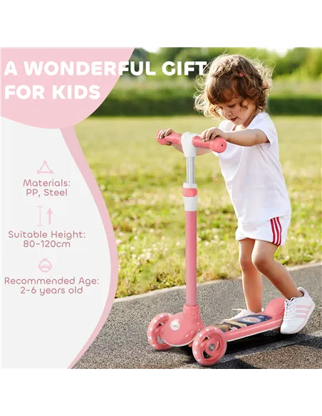 AIYAPLAY Kids 3 Wheel Scooter for 2-6 Years Old w/ Adjustable Height, LED Light, TPE Handlebar, Pink