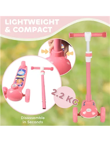 AIYAPLAY Kids 3 Wheel Scooter for 2-6 Years Old w/ Adjustable Height, LED Light, TPE Handlebar, Pink