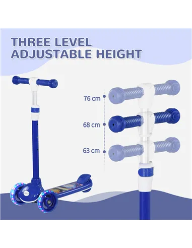 AIYAPLAY Kids 3 Wheel Scooter for 2-6 Years Old w/ Adjustable Height, LED Light, TPE Handlebar, Blue