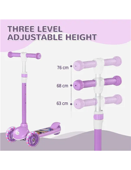 AIYAPLAY Kids 3 Wheel Scooter for 2-6 Years Old w/ Adjustable Height, LED Light, TPE Handlebar, Purple