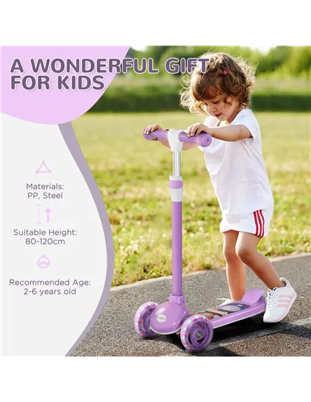 AIYAPLAY Kids 3 Wheel Scooter for 2-6 Years Old w/ Adjustable Height, LED Light, TPE Handlebar, Purple